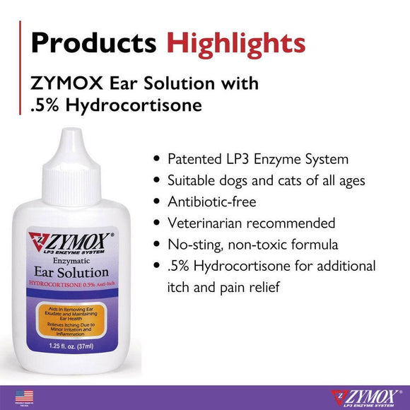 Zymox Enzymatic Ear Hydrocortisone Drops for Dogs & Cats - Highlights
