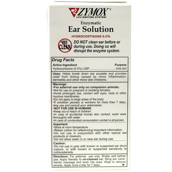 Back Label of Zymox Enzymatic Ear Hydrocortisone Drops for Dogs & Cats