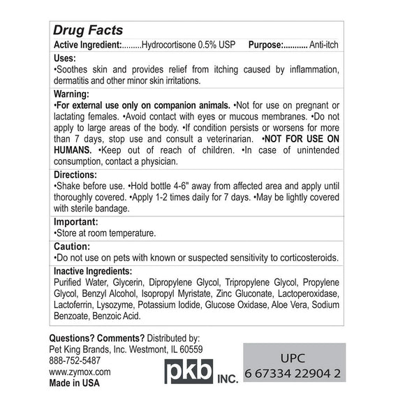 Drug Facts - Active & Inactive Ingredients, Uses, Warnings, Directions, Cautions of Zymox Enzymatic Itch Relief Hydrocortisone Spray for Dogs & Cats