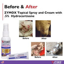 Comparative images of a dog's condition before and after using Zymox Enzymatic Itch Relief Hydrocortisone Spray for Dogs & Cats