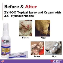 Comparative images of a dog's condition before and after using Zymox Enzymatic Itch Relief Hydrocortisone Spray for Dogs & Cats