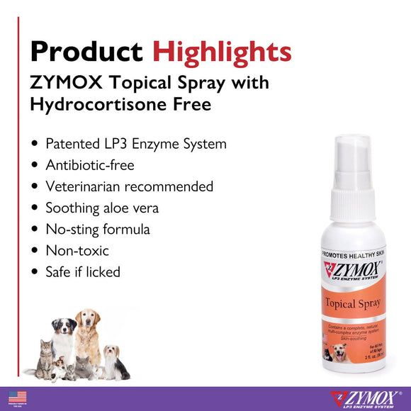 Close-up of Zymox Topical Spray label indicating Hydrocortisone Free formula