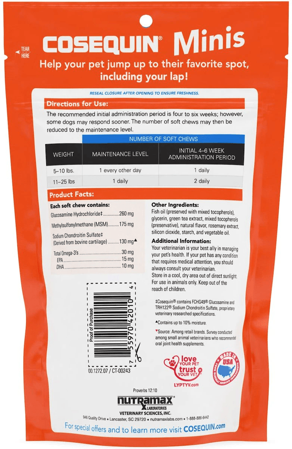 Nutramax Cosequin Minis Maximum Strength Joint Health Supplement - With Glucosamine, Chondroitin, MSM, and Omega-3's, 45 Soft Chews