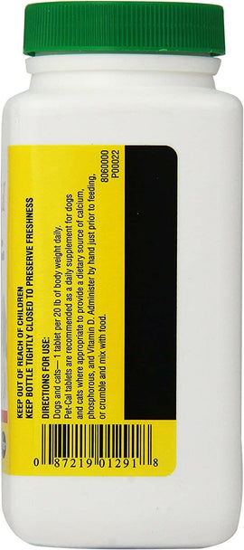 Back label of Pet-Cal Calcium Supplement Tablets for Dogs & Cats