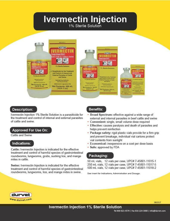 Durvet Ivermectin Injection 1% for Cattles and Swines