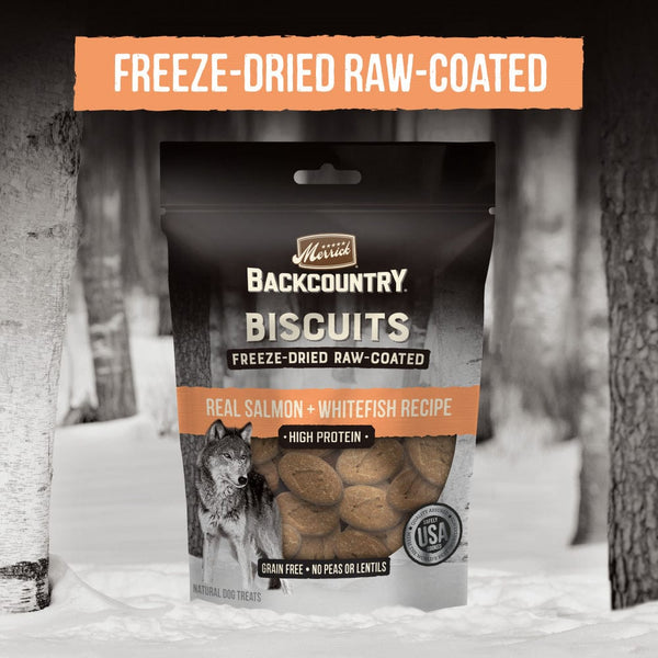 Merrick Backcountry Grain Free Salmon & Whitefish Recipe Freeze Dried Raw Coated Biscuit Dog Treats