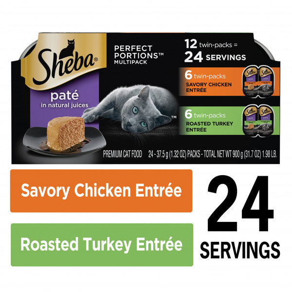 Sheba Pate Variety Pack Savory Chicken & Roasted Turkey Entres Perfect Portions Twin Pack Wet Cat Food
