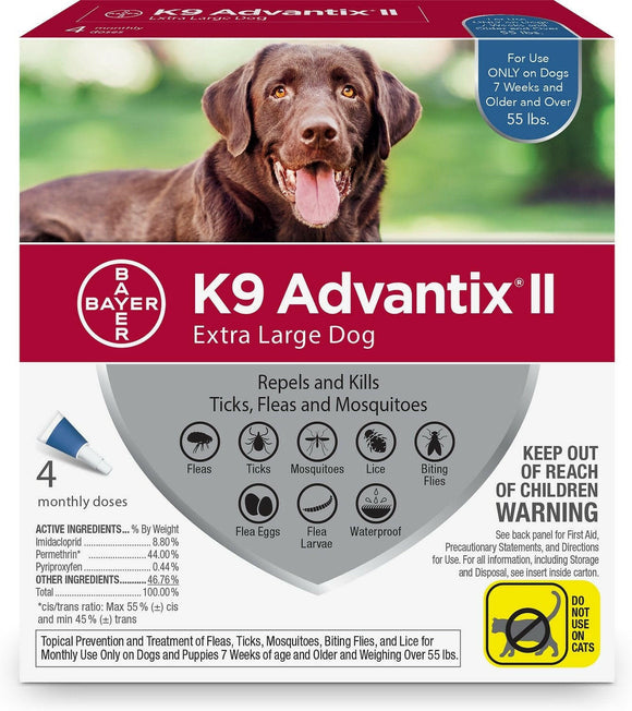 K9 Advantix II for Extra Large Dogs (over 55 lbs) Blue Box, 4 Doses (4 mos. supply)