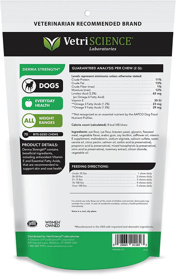 VetriScience Derma Strength Skin & Coat Supplement for Dogs (70 soft chews)