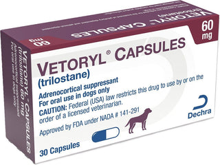 Vetoryl for dogs 60mg medication box packaging. The generic name for Vetoryl is trilostane