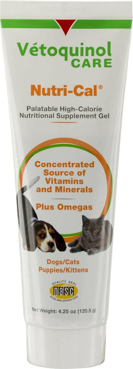 Nutri-Cal nutritional gel for cats and dogs. is available in a 4.25 oz tube. This palatable pet supplement is easy to administer. 