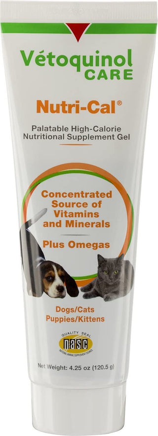Nutri-Cal nutritional gel for cats and dogs. is available in a 4.25 oz tube. This palatable pet supplement is easy to administer. 