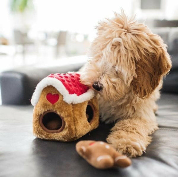 ZippyPaws Holiday Zippy Burrow Dog Toy, Gingerbread House
