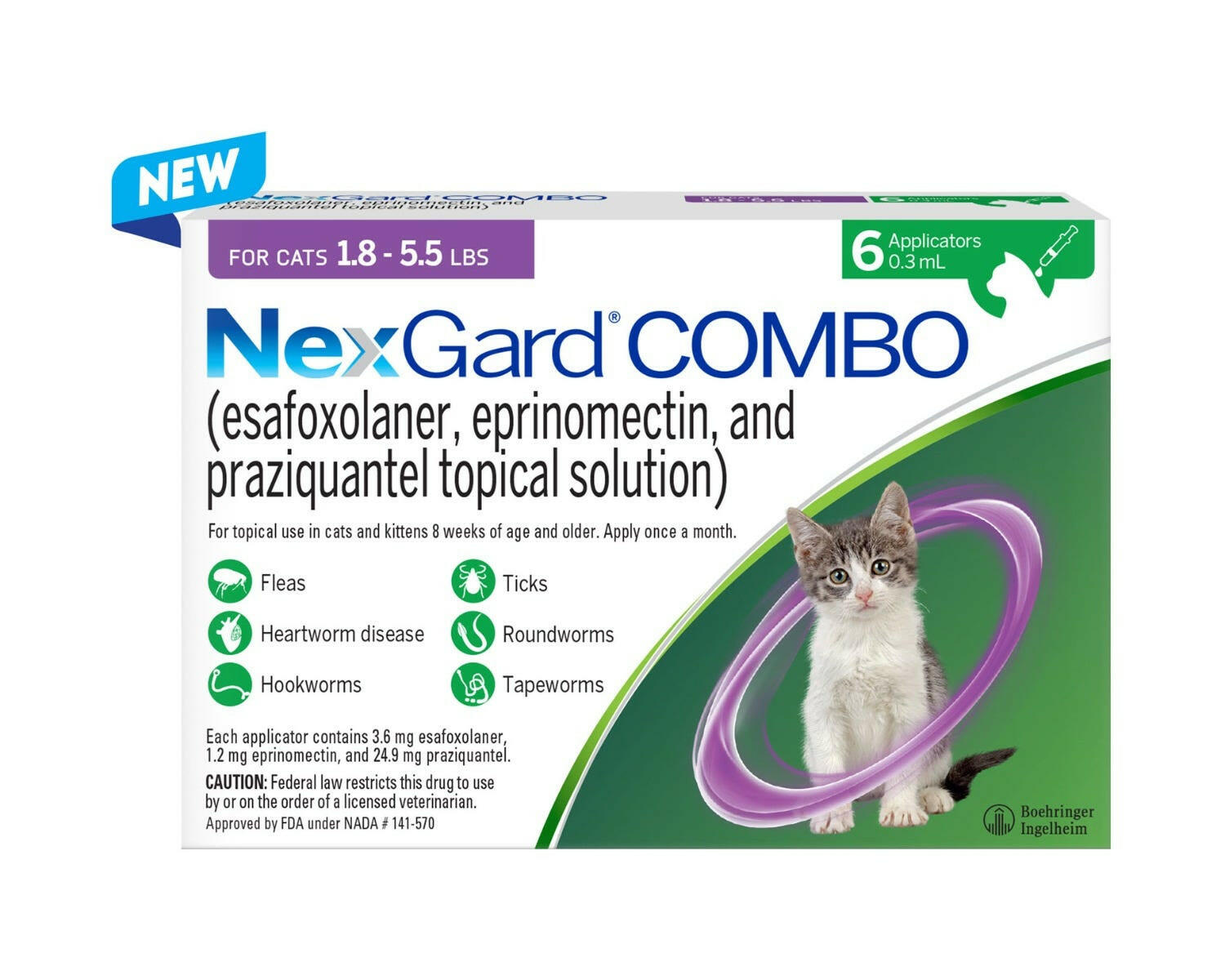 NexGard COMBO Topical for Cats 1.8-5.5 lbs (Purple Box) 6 applicator