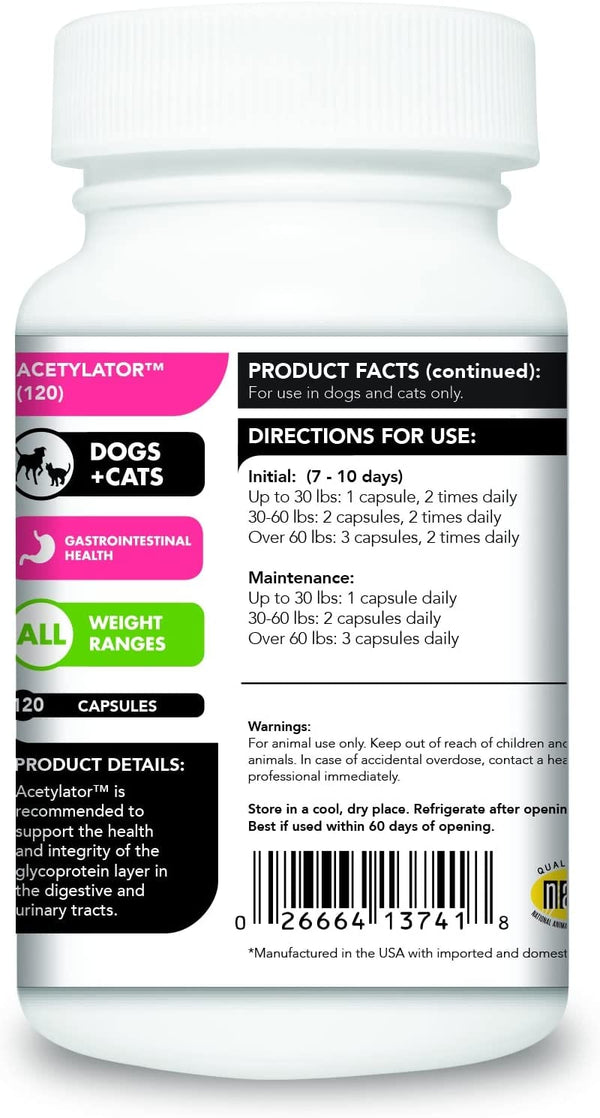 VetriScience Acetylator Digestive Supplement for Cats & Dogs (120 caps)
